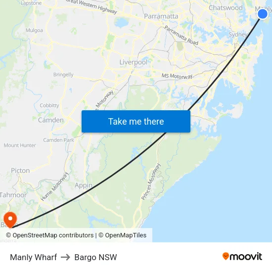 Manly Wharf to Bargo NSW map