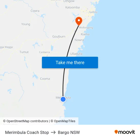 Merimbula Coach Stop to Bargo NSW map