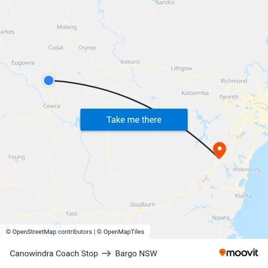 Canowindra Coach Stop to Bargo NSW map