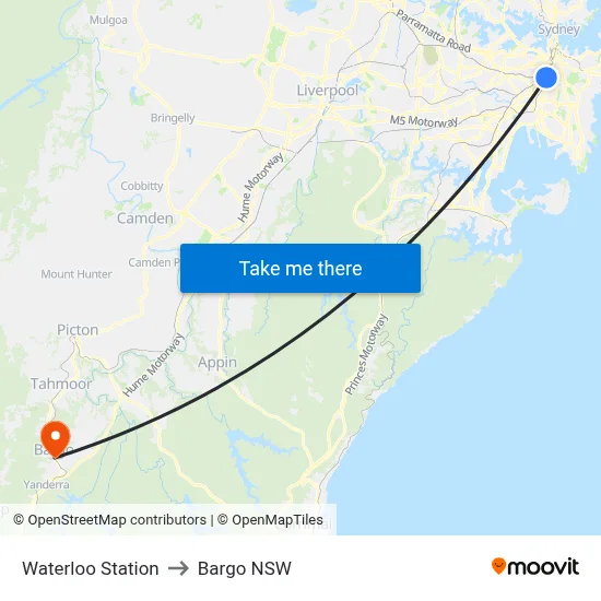 Waterloo Station to Bargo NSW map
