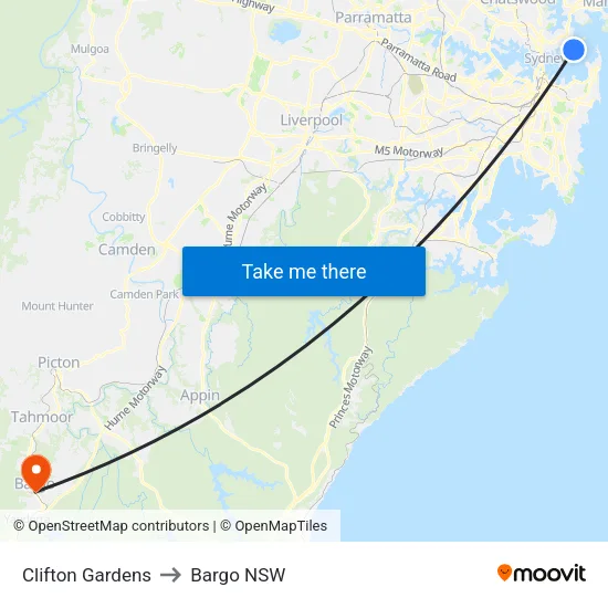 Clifton Gardens to Bargo NSW map