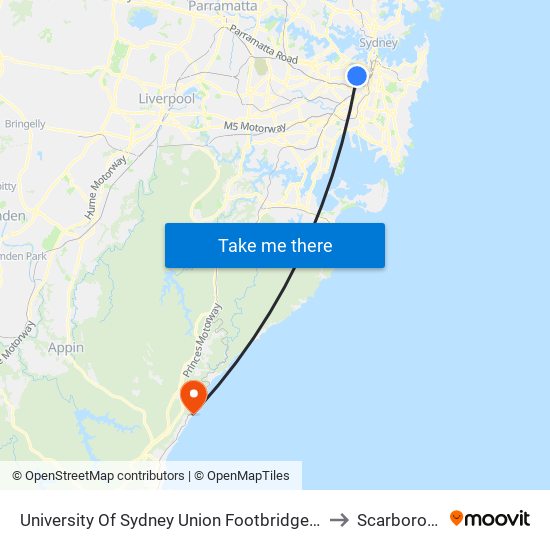 University Of Sydney Union Footbridge Station to Scarborough map