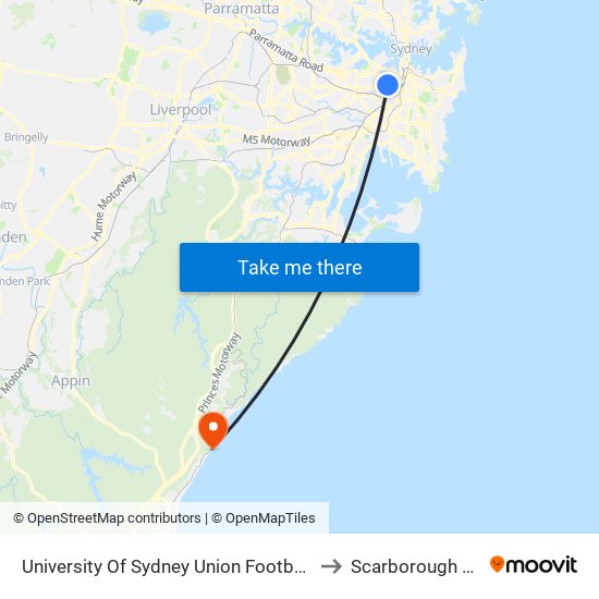 University Of Sydney Union Footbridge Station to Scarborough Station map