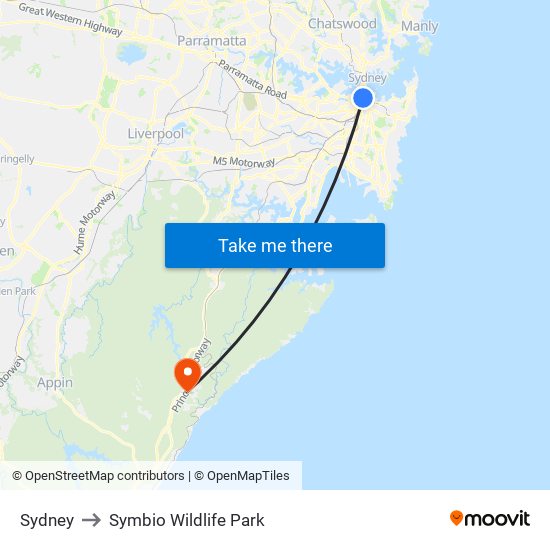 Sydney to Symbio Wildlife Park map