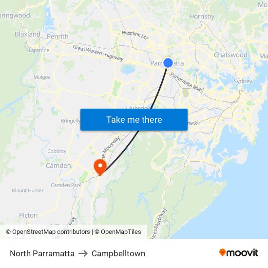 North Parramatta to Campbelltown map