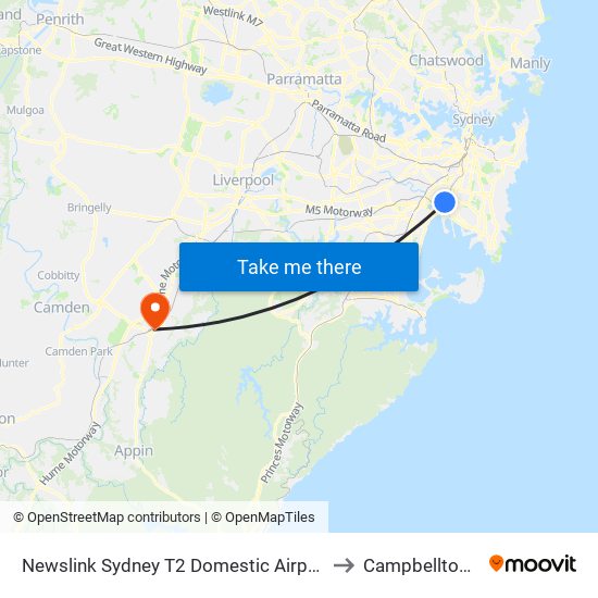 Newslink Sydney T2 Domestic Airport to Campbelltown map