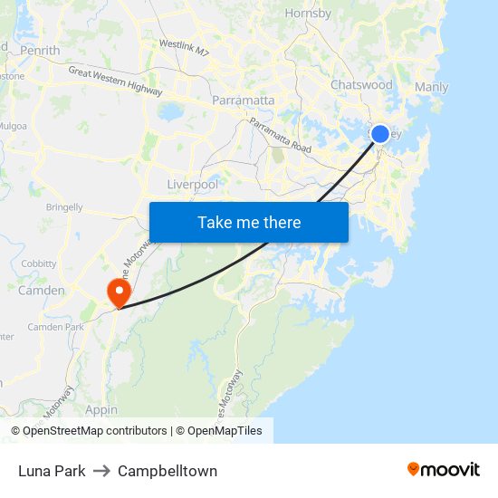 Luna Park to Campbelltown map