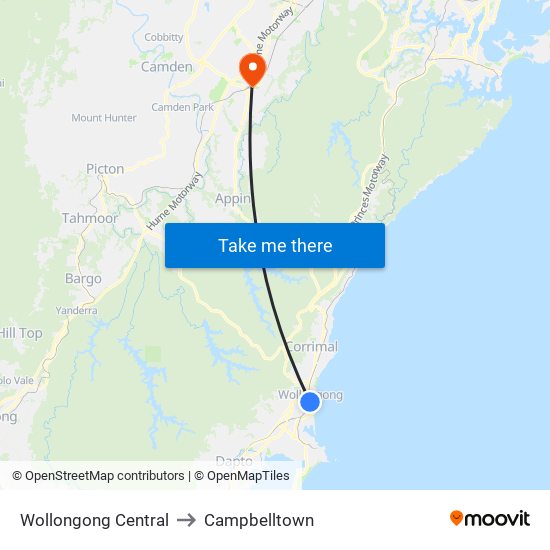Wollongong Central to Campbelltown map