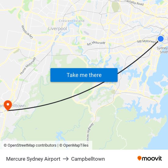 Mercure Sydney Airport to Campbelltown map