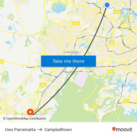 Uws Parramatta to Campbelltown map