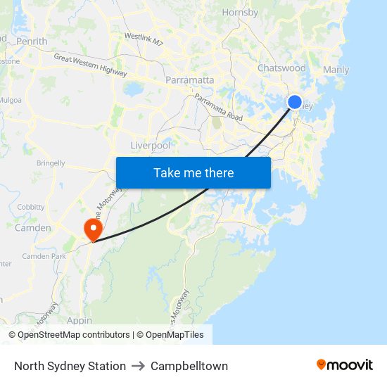 North Sydney Station to Campbelltown map