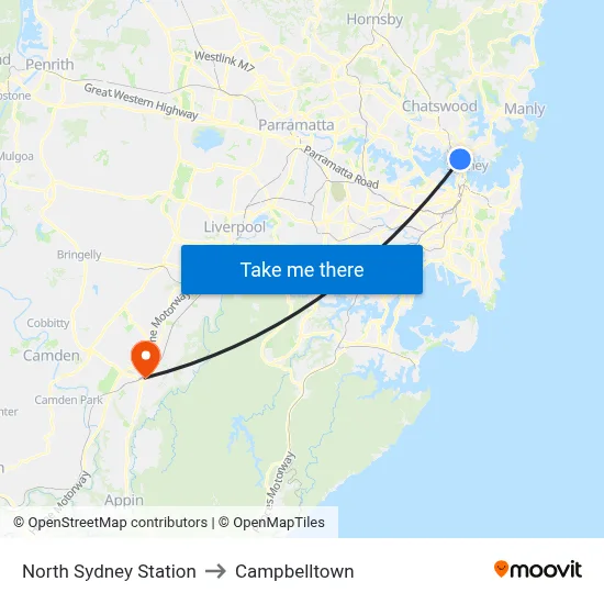 North Sydney Station to Campbelltown map