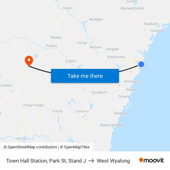 Town Hall Station, Park St, Stand J to West Wyalong map