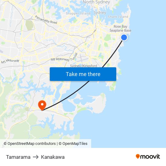 Tamarama to Kanakawa map