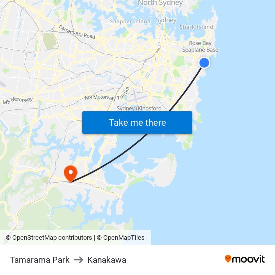 Tamarama Park to Kanakawa map