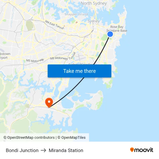 Bondi Junction to Miranda Station map