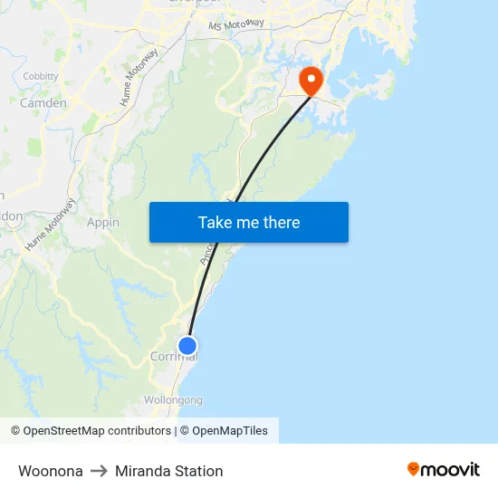 Woonona to Miranda Station map