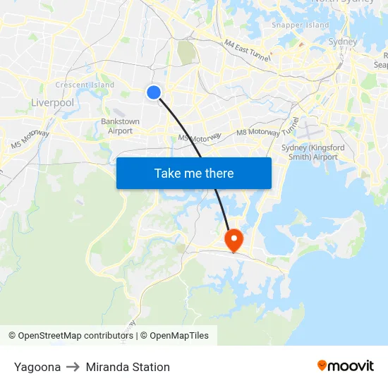 Yagoona to Miranda Station map