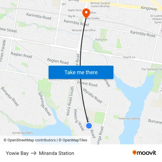 Yowie Bay to Miranda Station map