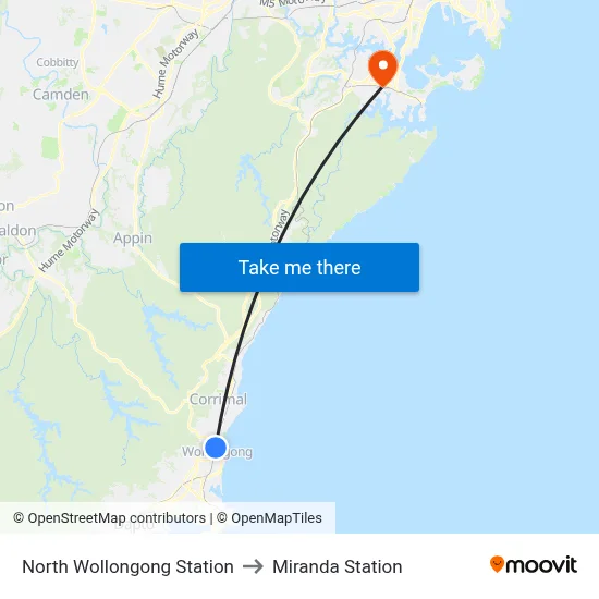 North Wollongong Station to Miranda Station map