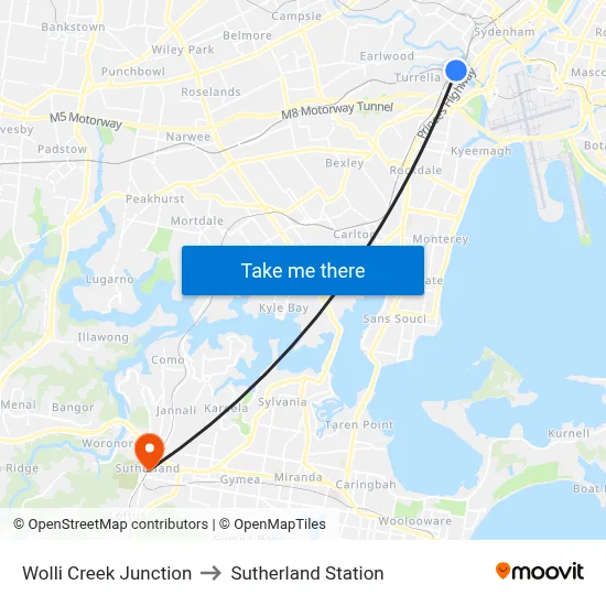Wolli Creek Junction to Sutherland Station map