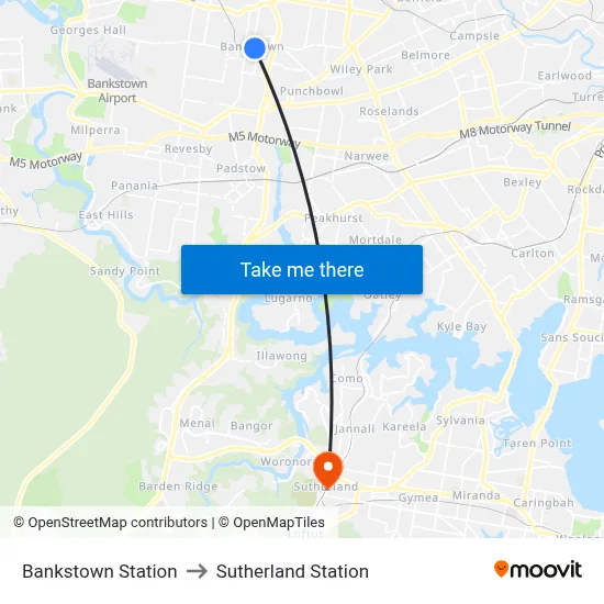 Bankstown Station to Sutherland Station map