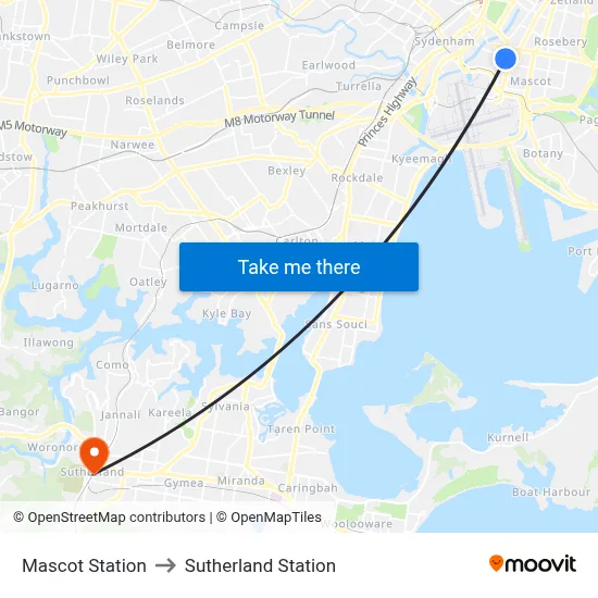 Mascot Station to Sutherland Station map