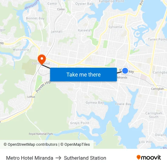 Metro Hotel Miranda to Sutherland Station map
