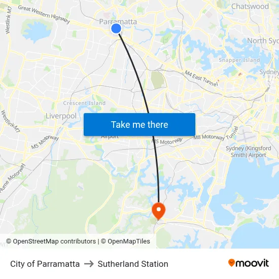 City of Parramatta to Sutherland Station map
