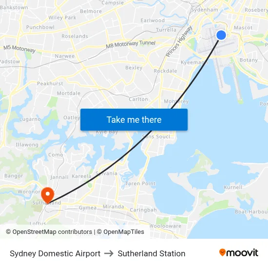 Sydney Domestic Airport to Sutherland Station map