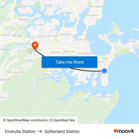 Cronulla Station to Sutherland Station map