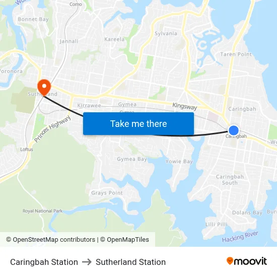Caringbah Station to Sutherland Station map