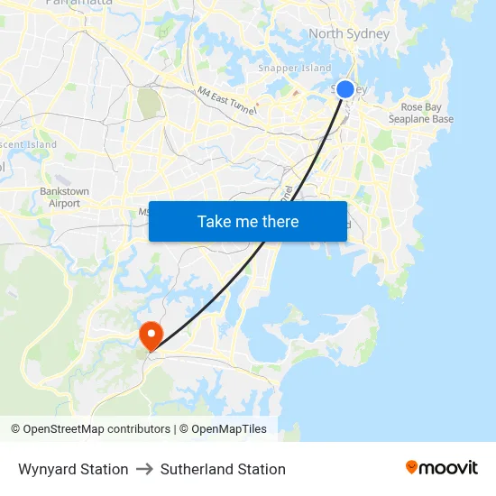 Wynyard Station to Sutherland Station map