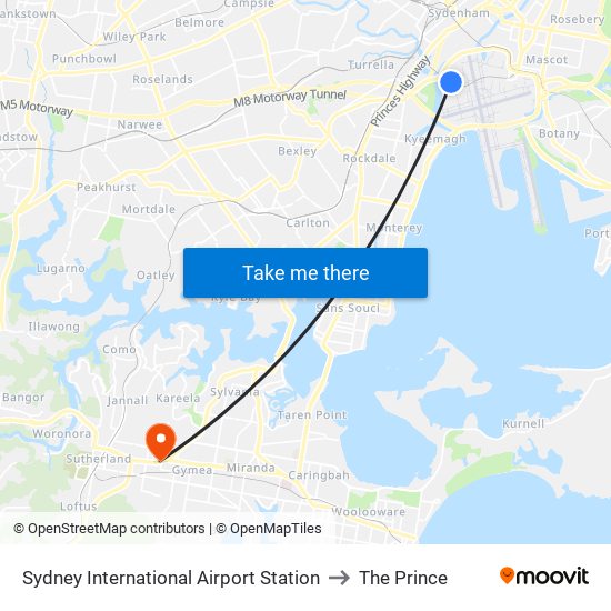 Sydney International Airport Station to The Prince map