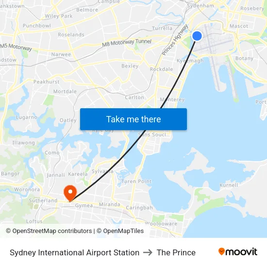 Sydney International Airport Station to The Prince map