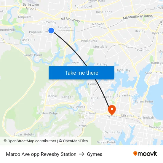 Marco Ave opp Revesby Station to Gymea map