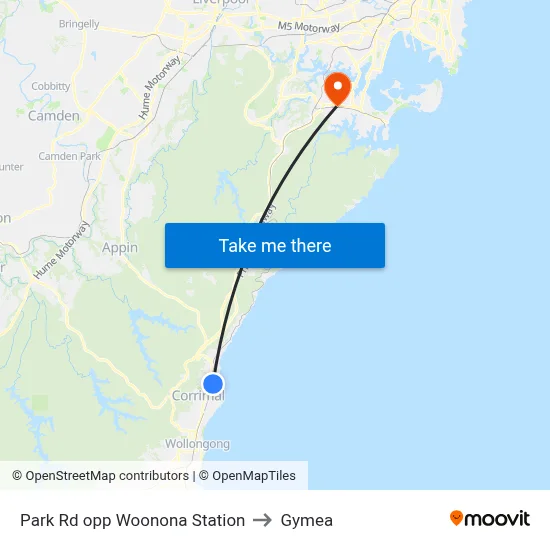 Park Rd opp Woonona Station to Gymea map