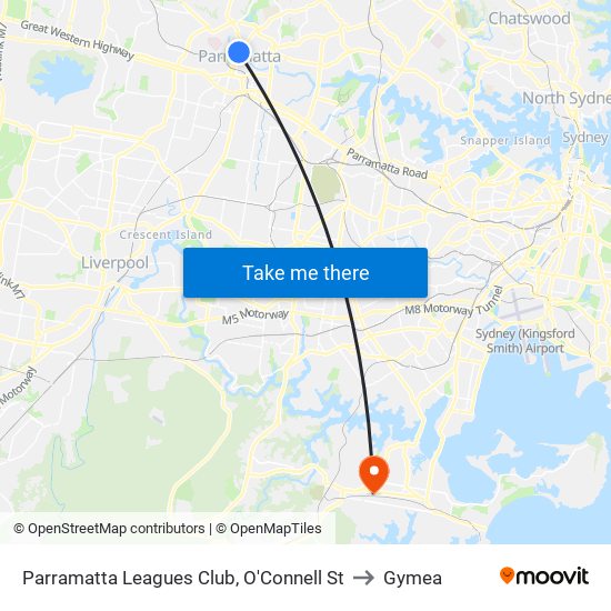 Parramatta Leagues Club, O'Connell St to Gymea map