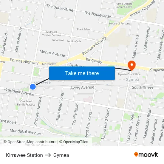 Kirrawee Station to Gymea map