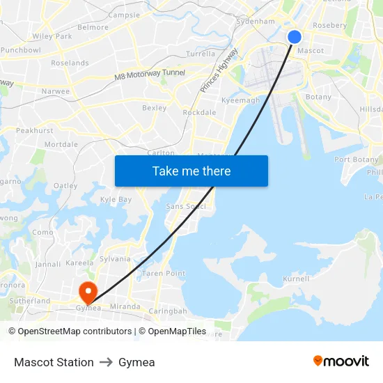 Mascot Station to Gymea map