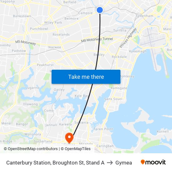 Canterbury Station, Broughton St, Stand A to Gymea map