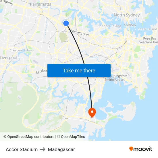 Stadium Australia to Madagascar map