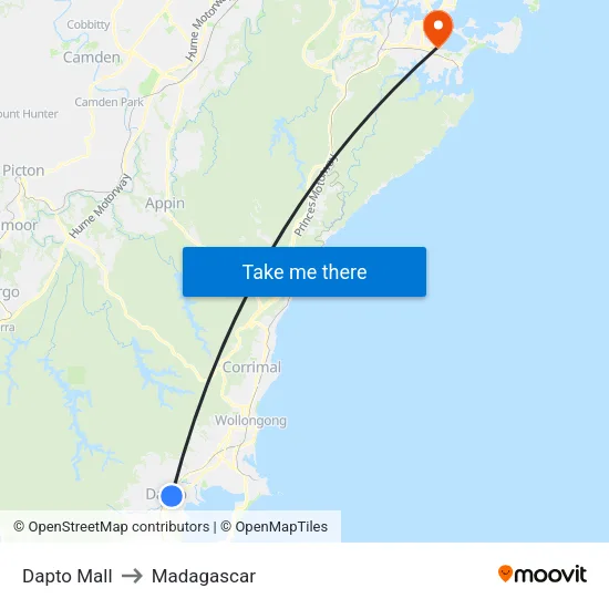Dapto Mall to Madagascar map