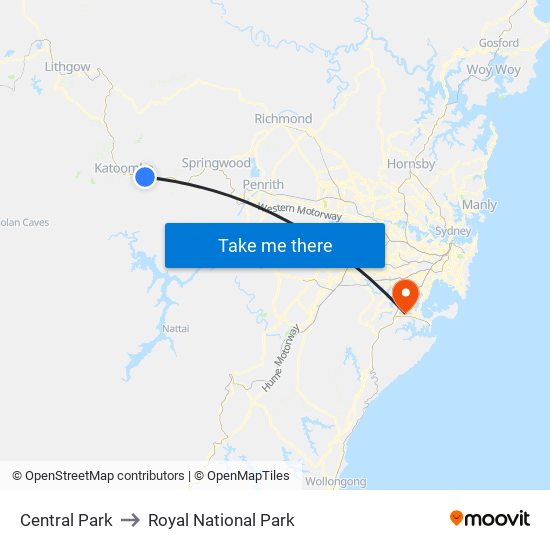 Central Park to Royal National Park map