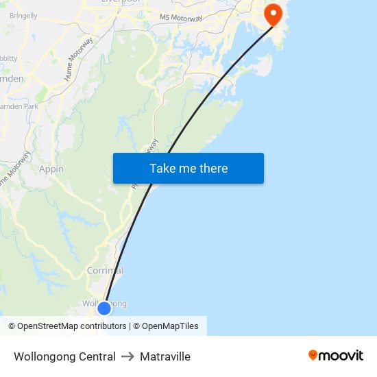 Wollongong Central to Matraville map