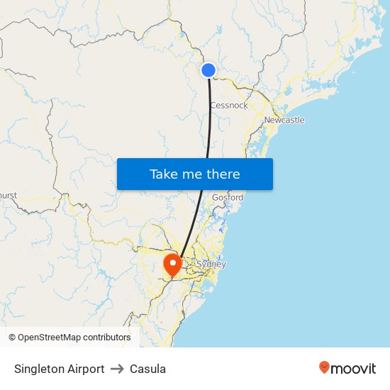 Singleton Airport to Casula map