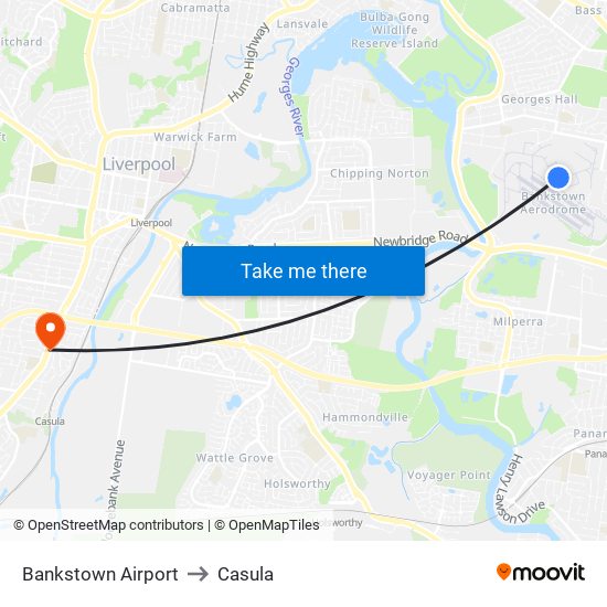 Bankstown Airport to Casula map