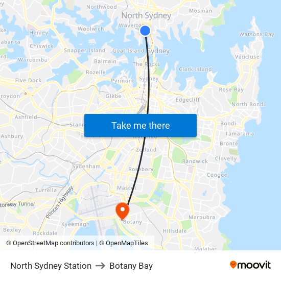 North Sydney Station to Botany Bay map