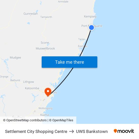 Settlement City Shopping Centre to UWS Bankstown map