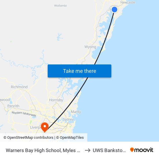 Warners Bay High School, Myles Ave to UWS Bankstown map